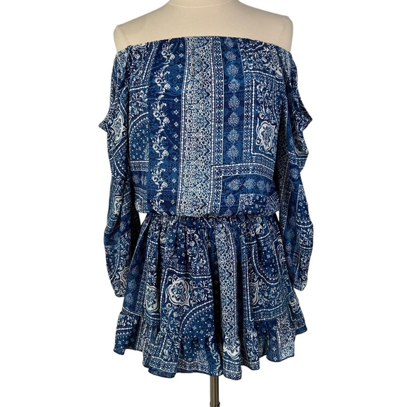 ❣️HP❣️NWT Surf Gypsy Blue White Cold Shoulder Floral Ruffle Mini Dress. Sz: S - Picture 2 of 13